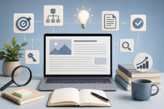 Ноутбук со&nbsp;страницей SEO-текста, лупа и&nbsp;значки анализа